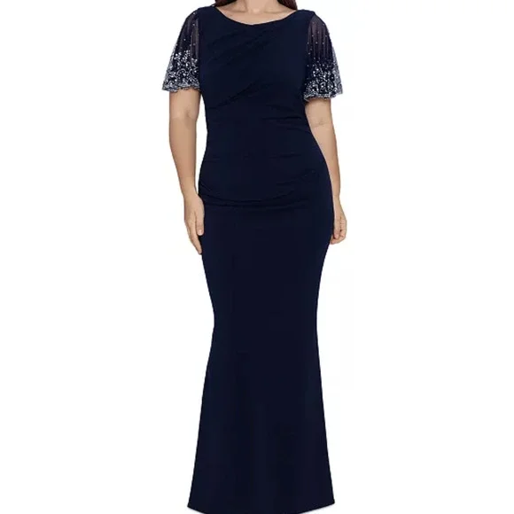 Betsy & Adam Beaded-Sleeve Gown - Navy Blue - Size 12